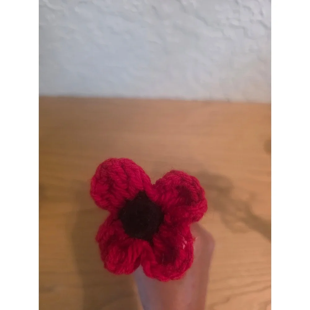 Handmade Crochet Flower Bouquet Red Rose and Poppies 3 Piece Set 9.5 Inch Stems